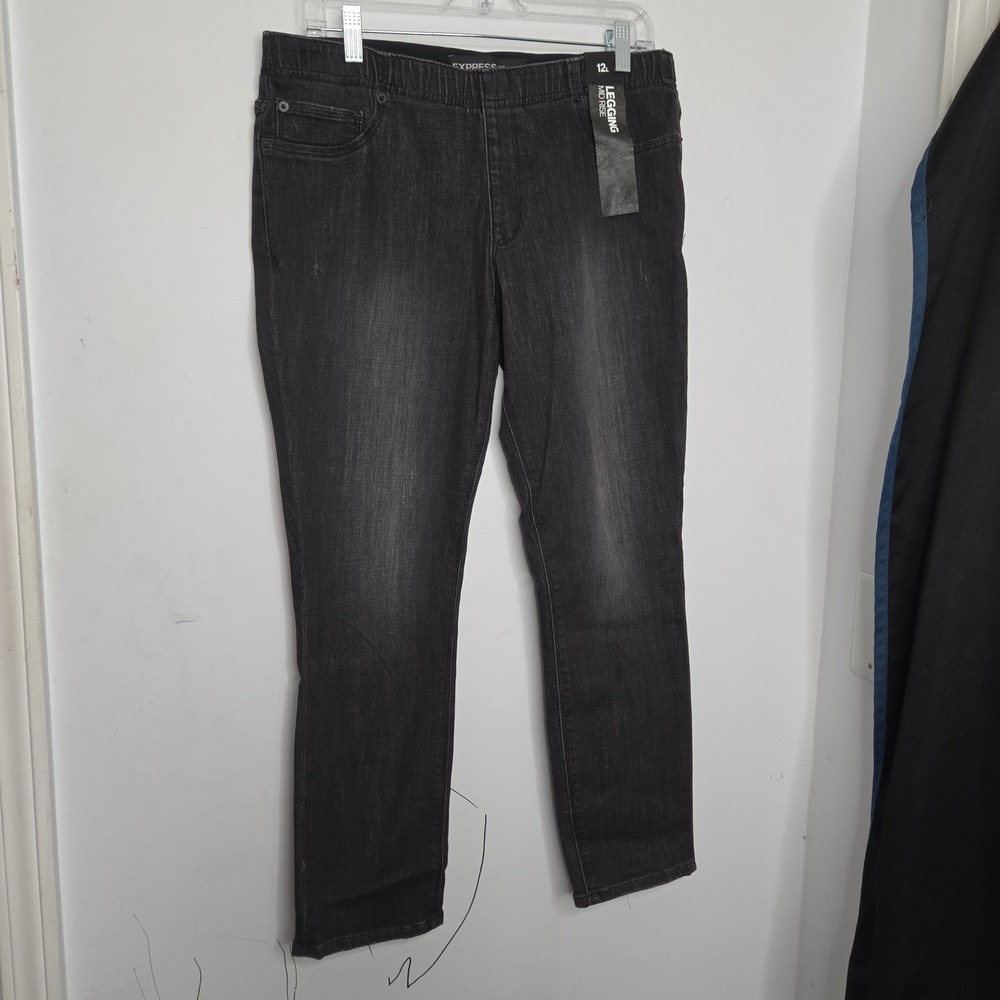 Express Mid Rise Legging Jeans Black Faded Pull On Denim Jeggings 12L New